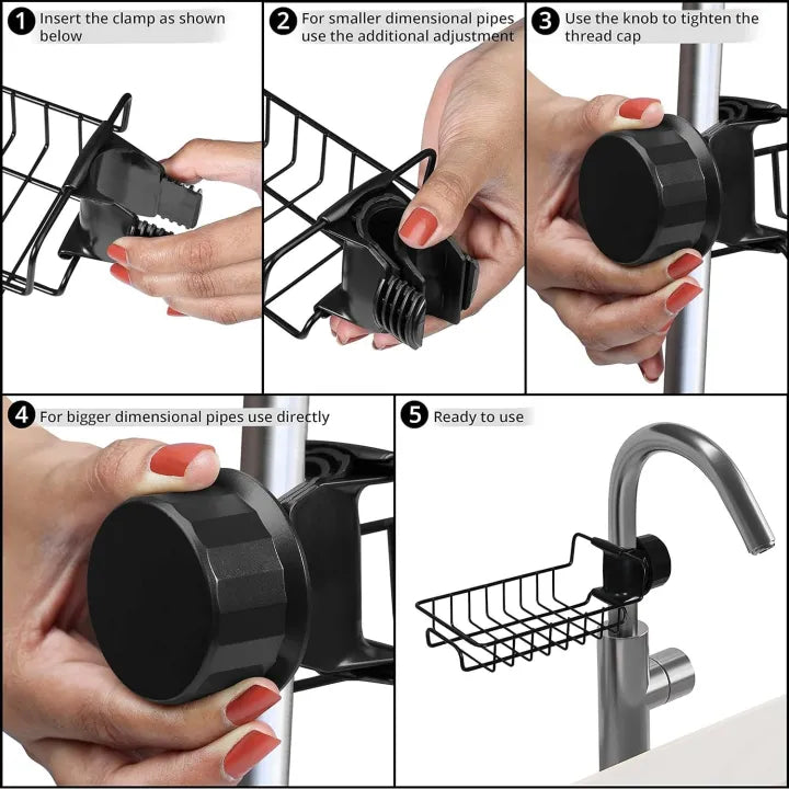 Adjustable Stainless Steel Faucet Sponge Holder – Kitchen Sink Organizer Rack for Soap, Sponge & Cleaning Tools