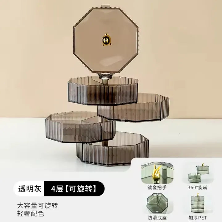 Rotating Jewelry Storage Box with Cover – Round Makeup & Accessories