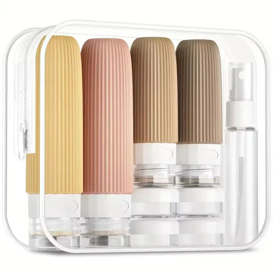 Four cylindrical containers with ribbed design in beige, pink, and brown colors on a white background.