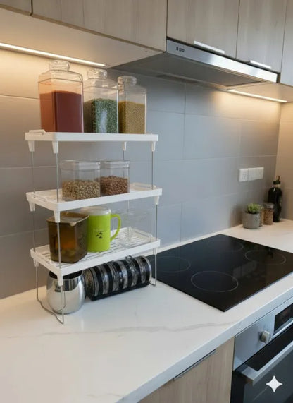 Kitchen Cabinet Shelf – Stackable Foldable Storage Rack
