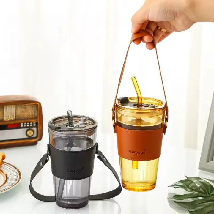 Premium Transparent Glass Drinking Cup with Lid & Straw – Portable Bamboo Wrapped Beverage Tumbler