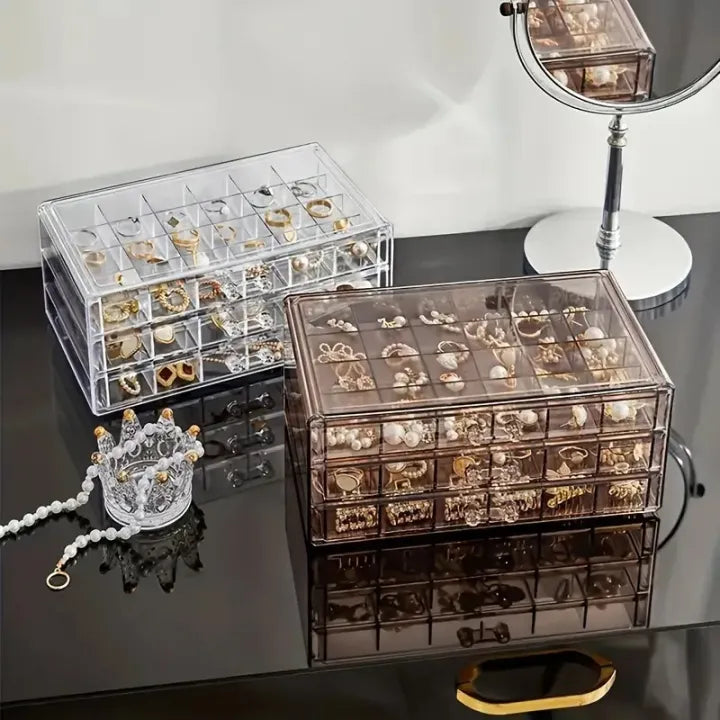 Acrylic 3-Drawer Jewelry Box Organizer – Velvet Lined 72 Grid Multi-Function Storage