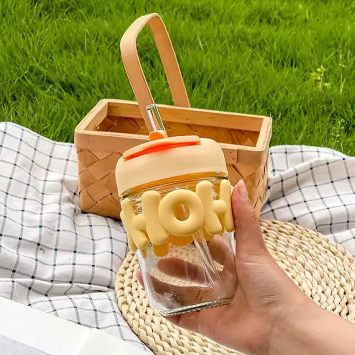 High Quality 350ML Glass Tumbler with Secure Lid – Reusable Straw Water Bottle for Daily Use