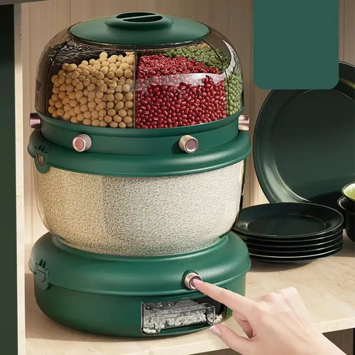 Luxury 6-Grid Rotating Grain Dispenser – 9KG Emerald Edition