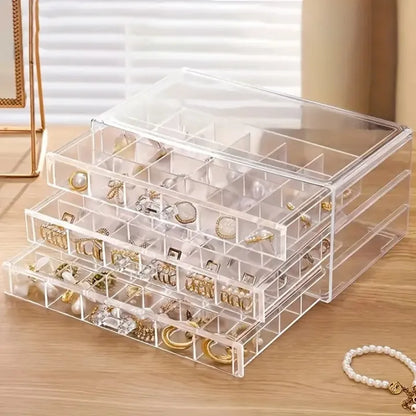 Acrylic 3-Drawer Jewelry Box Organizer – Velvet Lined 72 Grid Multi-Function Storage