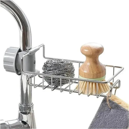 Adjustable Stainless Steel Faucet Sponge Holder – Kitchen Sink Organizer Rack for Soap, Sponge & Cleaning Tools
