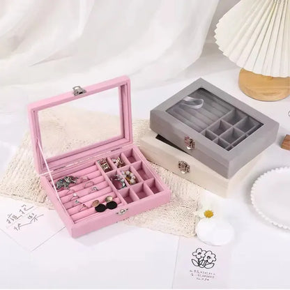 Premium Pink Jewellery Organizer – Glass Lid Ring & Earring Display Box
