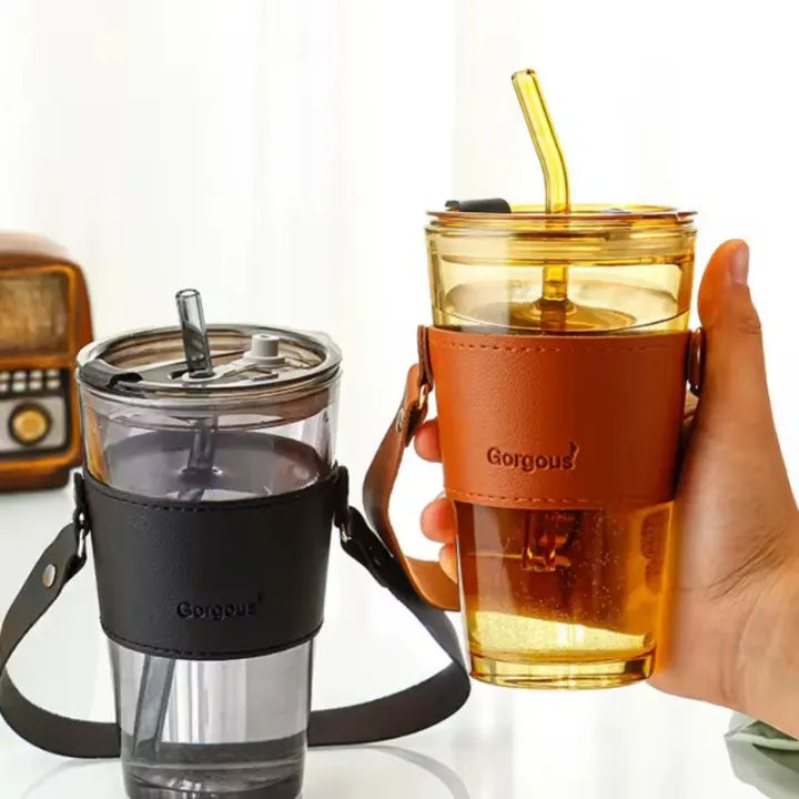 Premium Transparent Glass Drinking Cup with Lid & Straw – Portable Bamboo Wrapped Beverage Tumbler