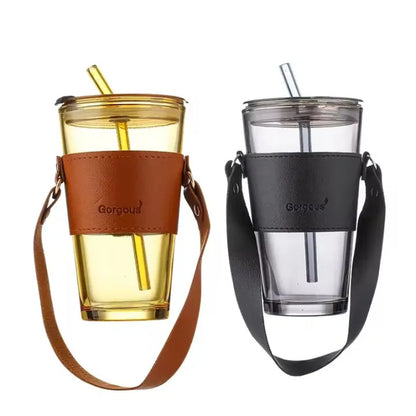 Premium Transparent Glass Drinking Cup with Lid & Straw – Portable Bamboo Wrapped Beverage Tumbler
