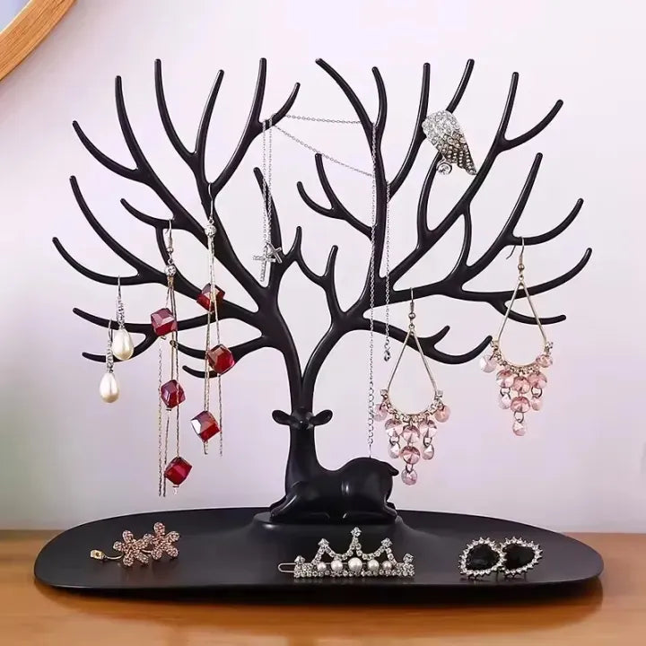 Elegant Deer Tree Jewelry Organizer Stand – Multi Tier Necklace, Bracelet & Earring Display with Storage Tray