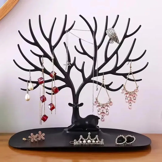 Elegant Deer Tree Jewelry Organizer Stand – Multi Tier Necklace, Bracelet & Earring Display with Storage Tray