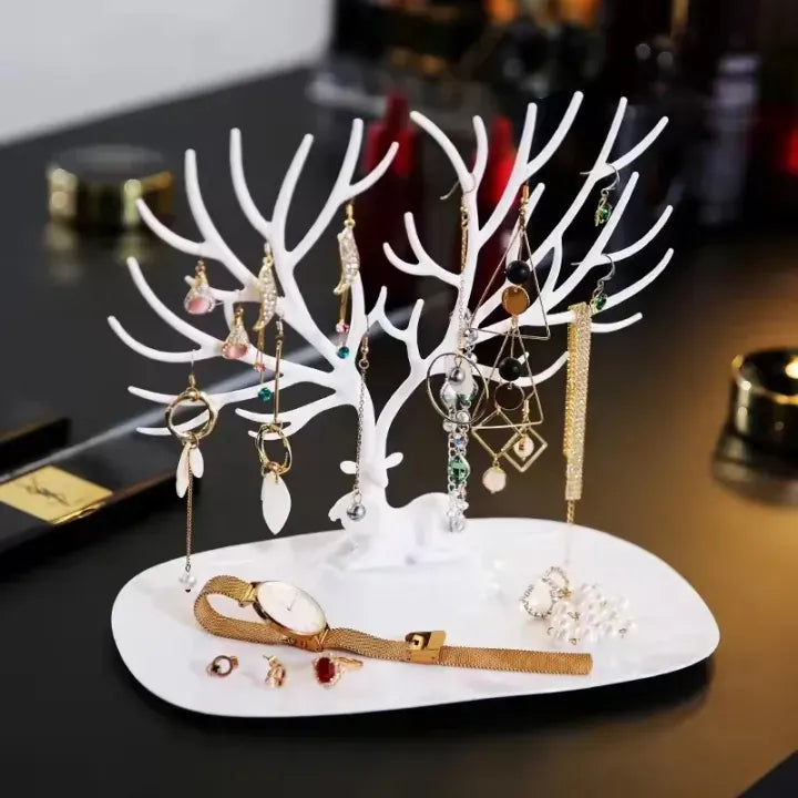 Elegant Deer Tree Jewelry Organizer Stand – Multi Tier Necklace, Bracelet & Earring Display with Storage Tray