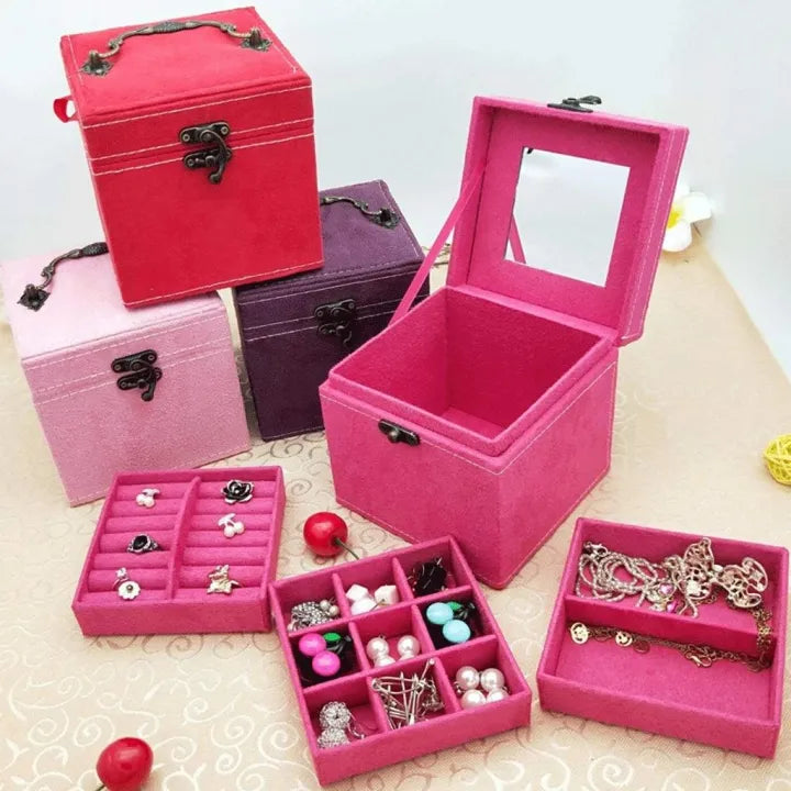 3 Layer Velvet Jewellery Box with Mirror & Decorative Handle